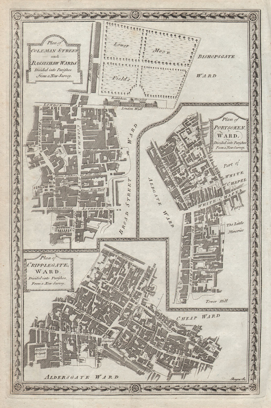 Coleman St Basshishaw Portsoken Cripplegate Wards. City/London THORNTON 1784 map